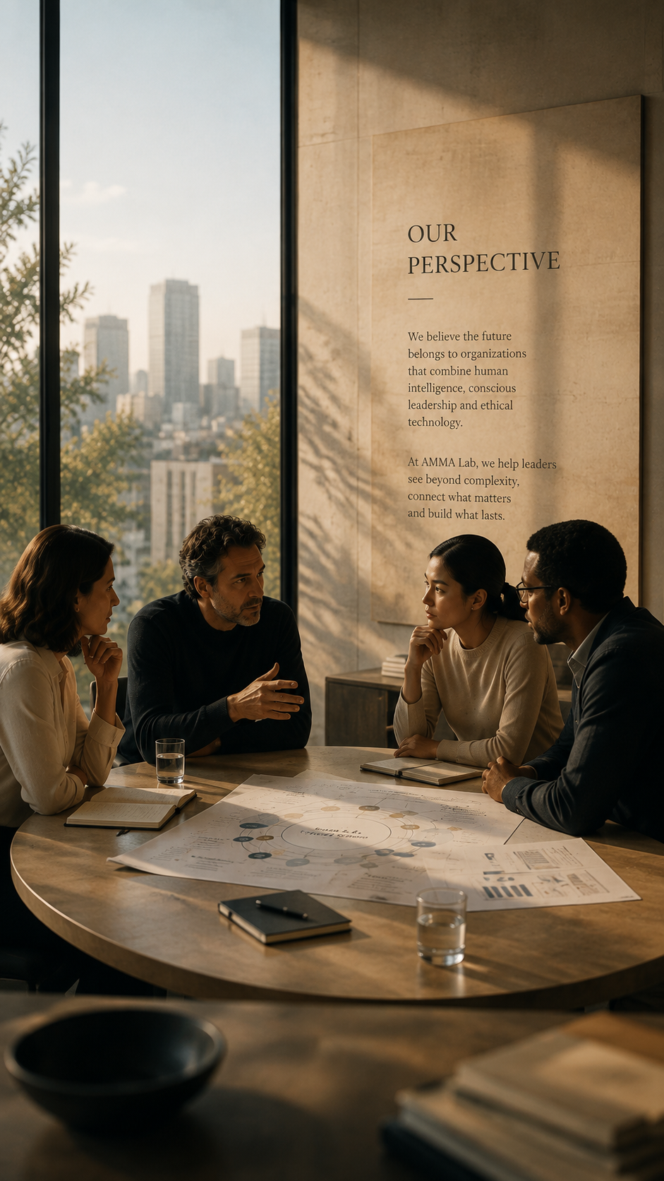 Four people engaged in a discussion around a conference table with documents and notebooks, in a room with large windows showing a city skyline and a poster on the wall titled 'Our Perspective'.