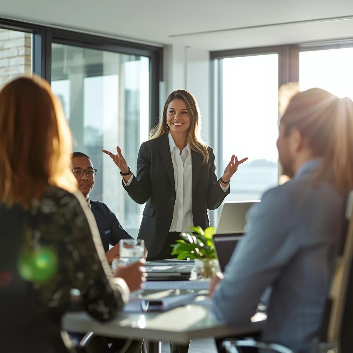 A woman in a suit giving a presentation to a group of professionals in a modern conference room with large windows and sunlight.