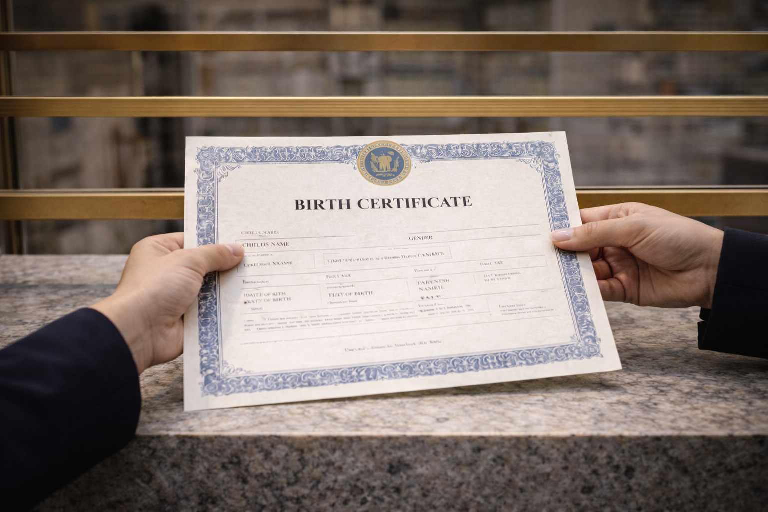 Maxwell & Co. staff receiving a vital record directly from a clerk for retrieval and authentication processing.