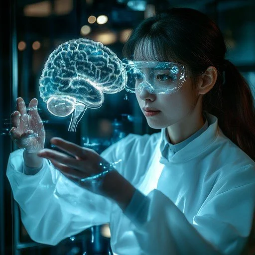 Female scientist in safety goggles examines a holographic projection of a brain in a laboratory.