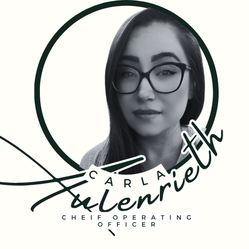 Black and white photo of Carla Lienrieth, a chief operating officer, with glasses, in front of a graphic design background with her name and title.