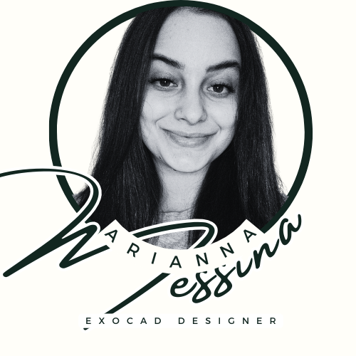 Black and white portrait of a smiling woman with long dark hair, surrounded by a circular border, with stylized text reading 'Mariana Messina, ExoCAD Designer'.
