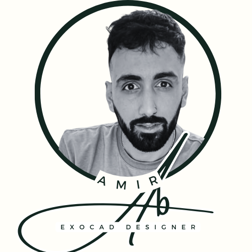 Black and white portrait of a man with dark hair and beard, wearing a light-colored t-shirt, looking directly at the camera, with a logo featuring his initials and the name 'Aamir' and the title 'Exocad Designer'.