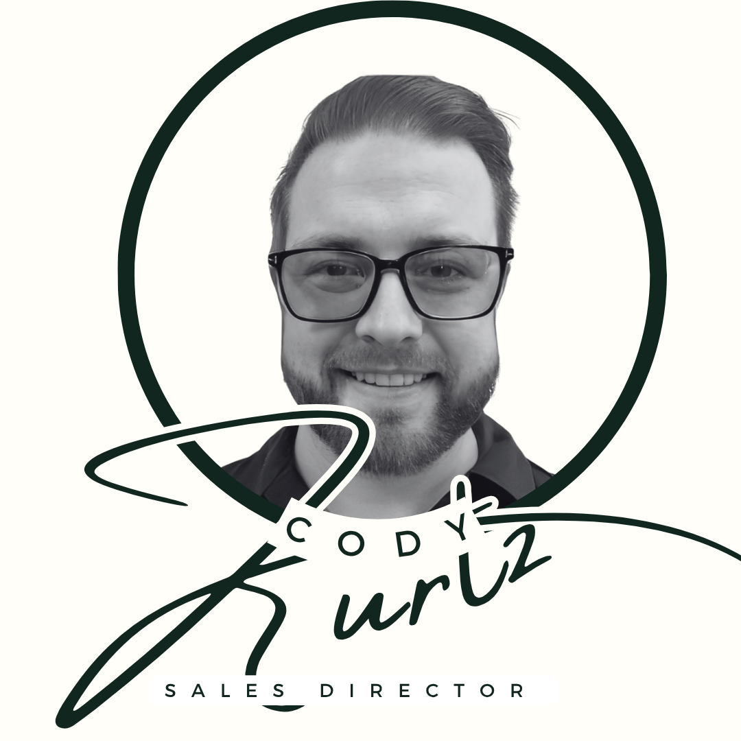 Black and white portrait of a man with glasses smiling, with graphic text 'Cody Ruiz Sales Director' around his face.