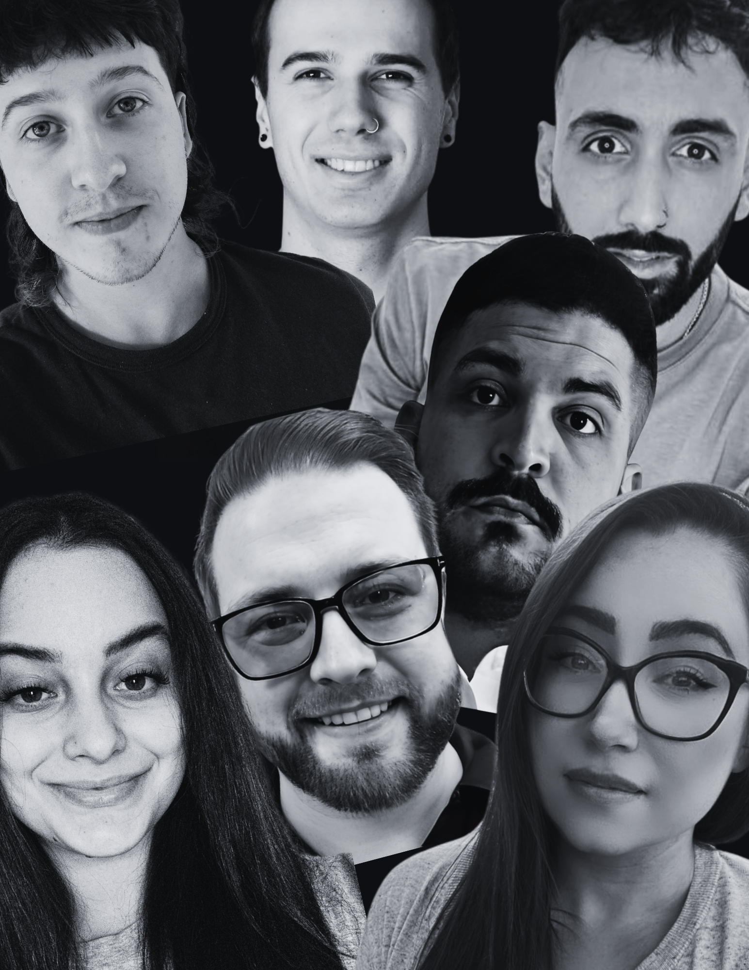 Collage of diverse young adults with smiling and serious expressions, black and white photo.
