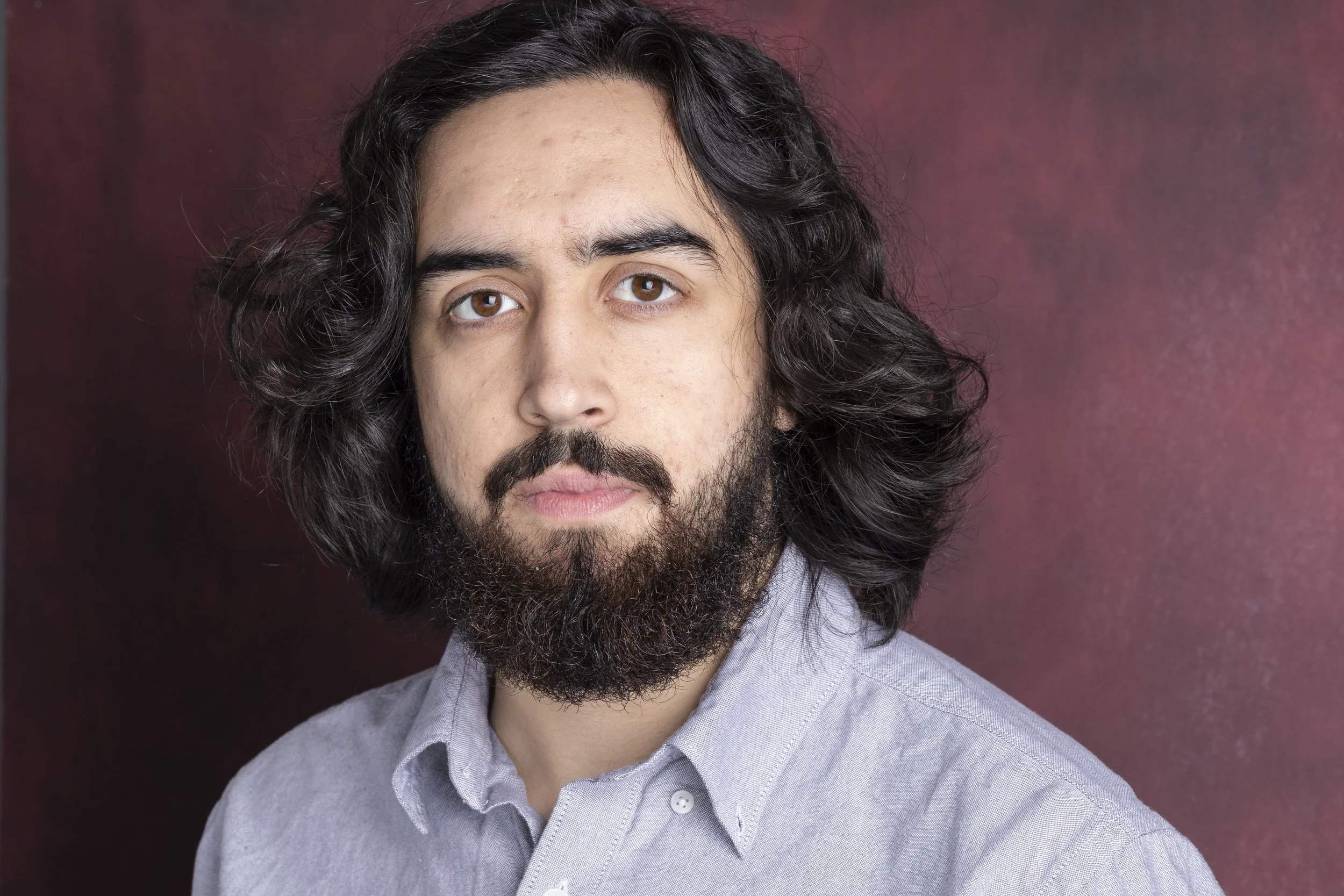 A man with long, dark, wavy hair and a full beard, wearing a light gray collared shirt, against a maroon background.