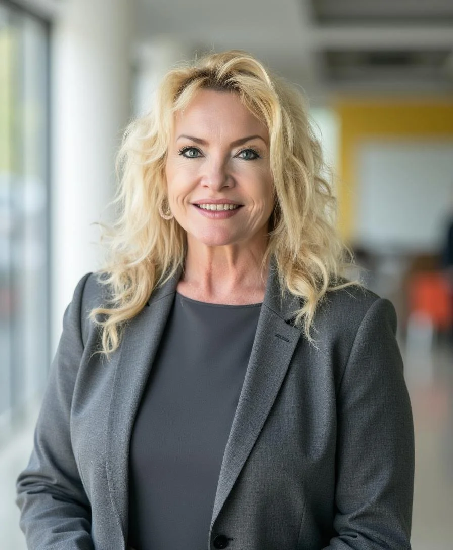 Portrait of a smiling blonde woman in a gray blazer and top, standing in a modern office environment.