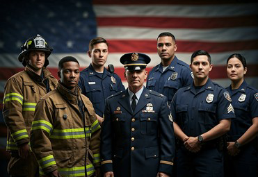Group of seven emergency responders, including firefighters and police officers, standing in front of an American flag.