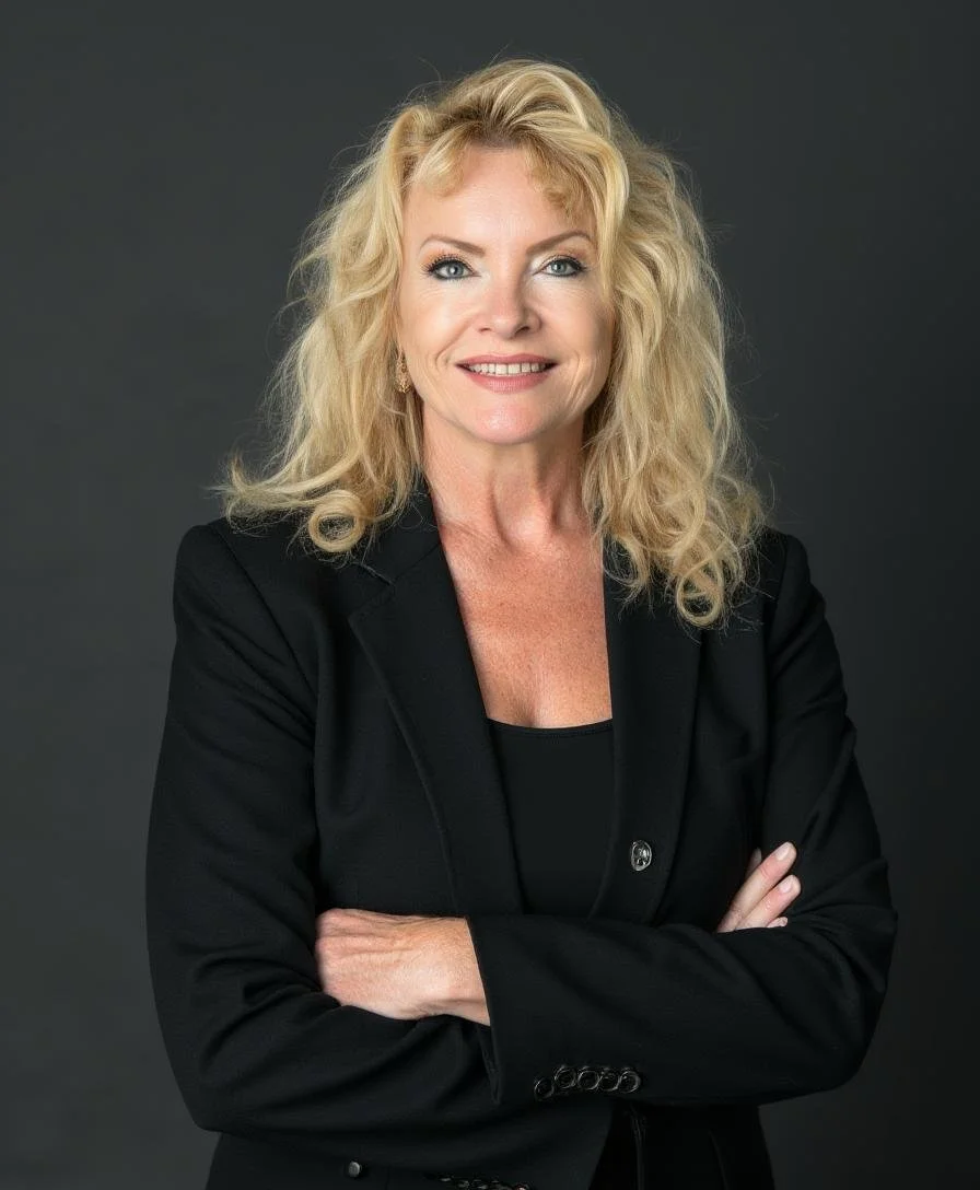 Nanette Fink Eaton, experienced Nevada real estate broker and business broker, standing confidently with arms crossed in a black blazer against a dark gray studio background.