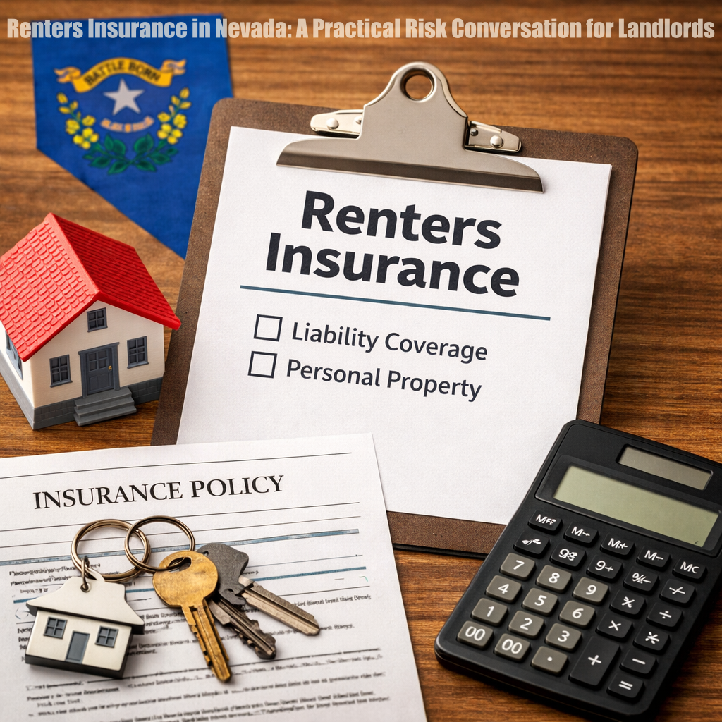 Renters insurance documents on a clipboard, a calculator, house keys, a small house model, and a Nevada state flag on a wooden surface.