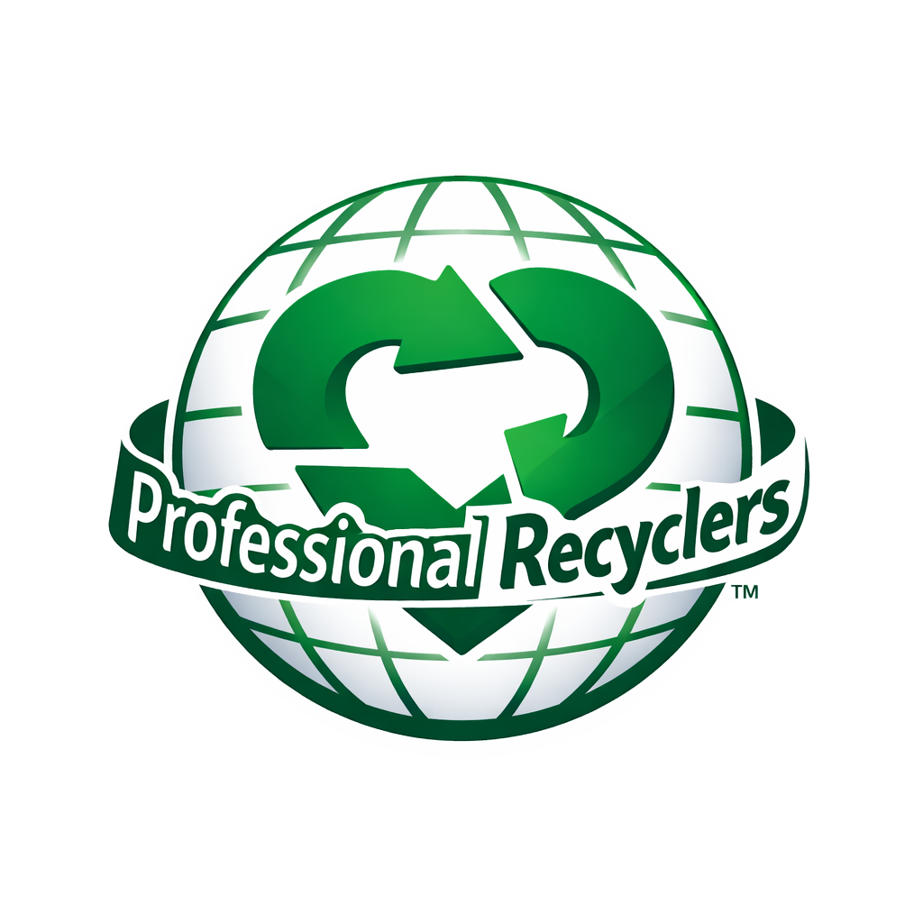 Logo for Professional Recyclers featuring a stylized globe with a green recycling symbol and the words "Professional Recyclers".
