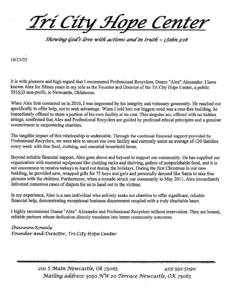 Letter of recommendation for Duane Alexander from Shannon Kowals, Founder and Director of Tri City Hope Center, praising his integrity and philanthropy.