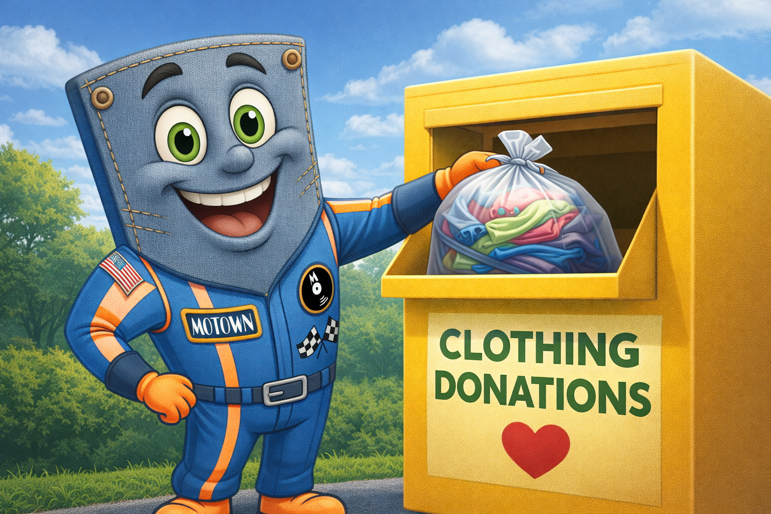 Cartoon character with a face resembling a wallet, dressed in a blue racing suit with patches, standing next to a yellow clothing donation bin filled with clothes. The bin has a sign that says 'CLOTHING DONATIONS' with a red heart. The background shows a park with green trees and a partly cloudy sky.