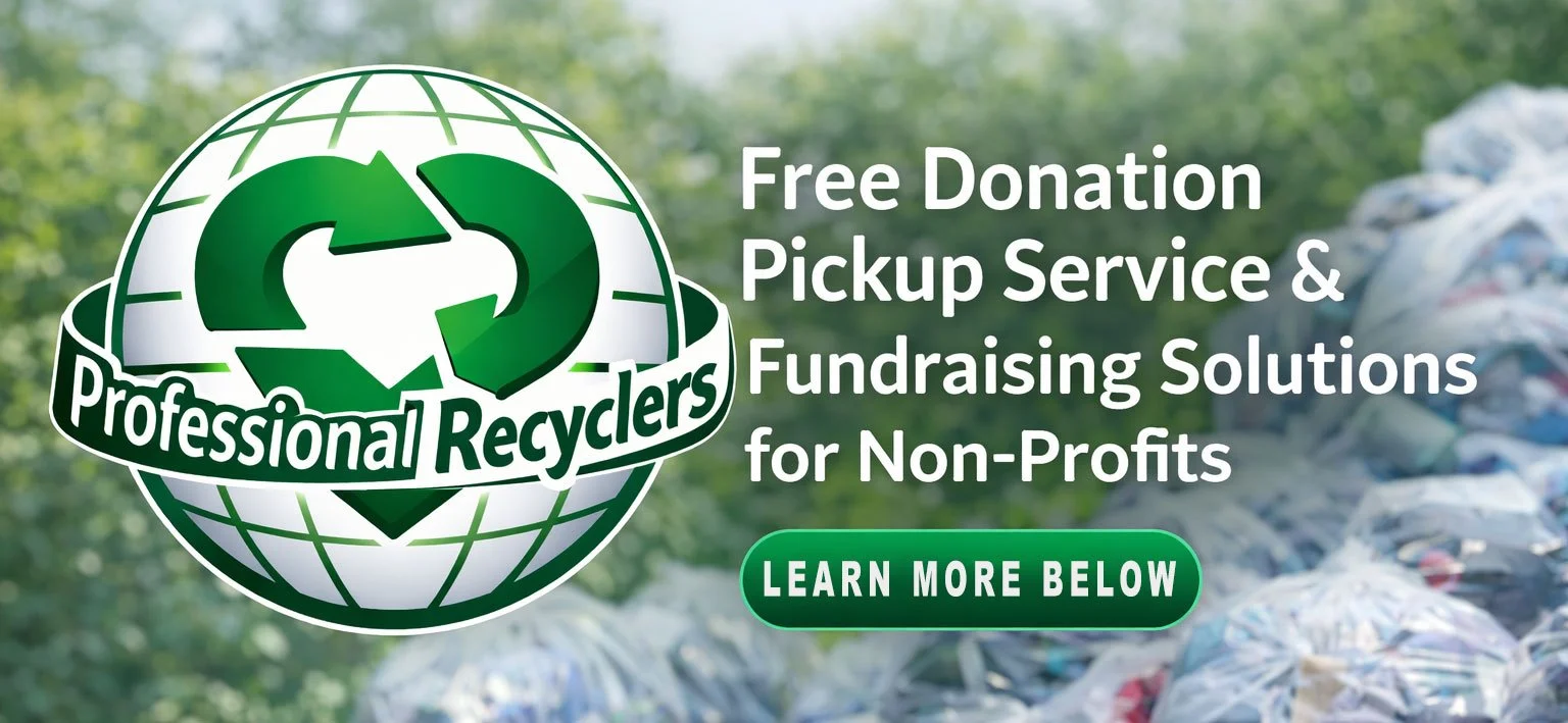 Green and white logo of Professional Recyclers with a globe, arrows forming a recycling symbol, and a heart, alongside text advertising free donation pickup service and fundraising solutions for non-profits, and a green button saying "Learn More Below."