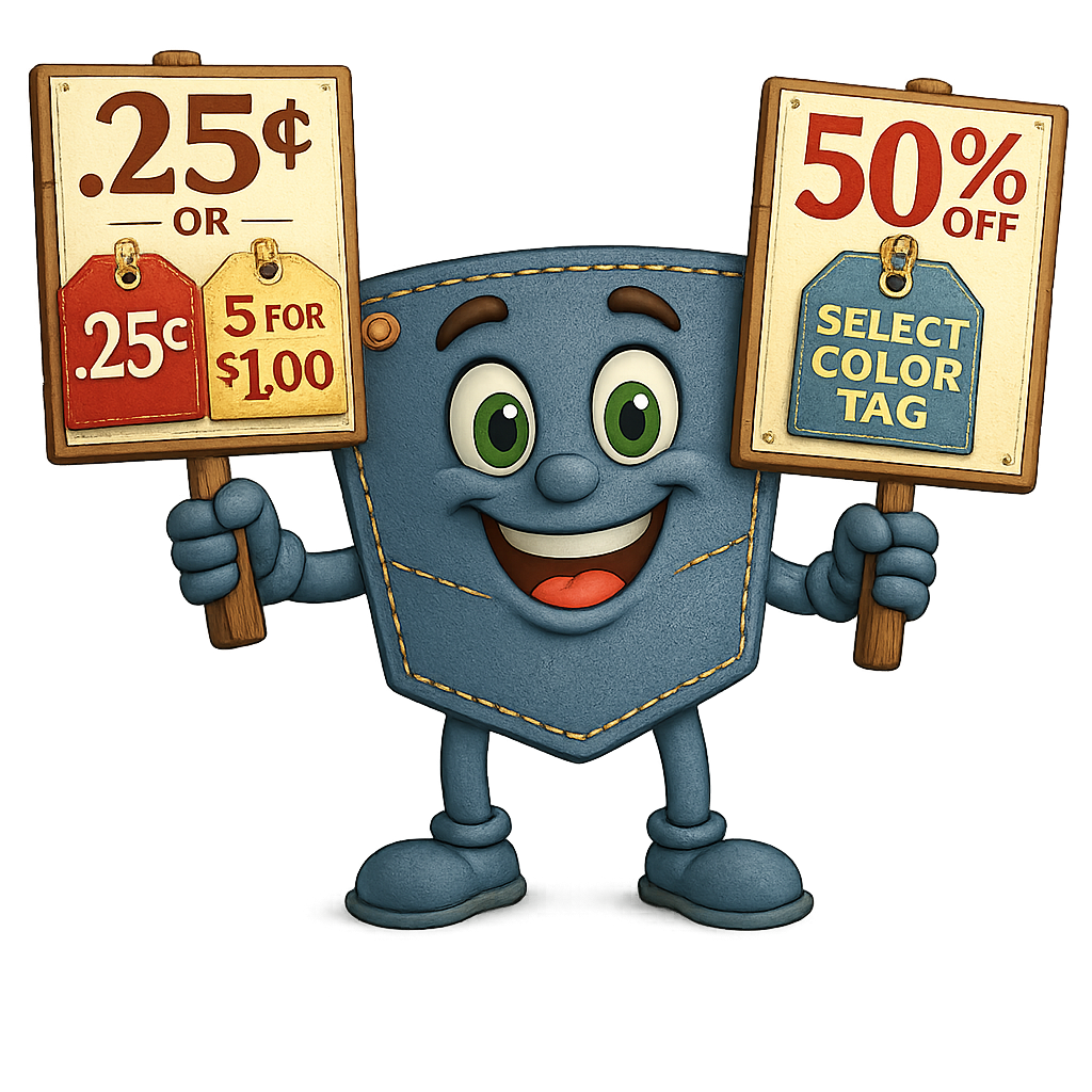A cartoon character with a blue body, green eyes, and a big smile holding two signs. The left sign advertises items for 25 cents or 5 for one dollar, and the right sign offers 50% off on select color tags.