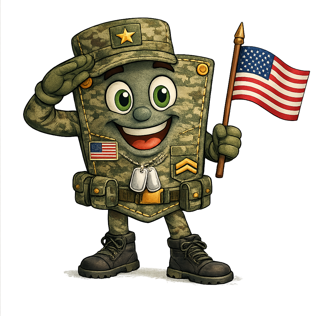 Cartoon character of a happy military-themed tablet or smartphone wearing camouflage, saluting, and holding an American flag.