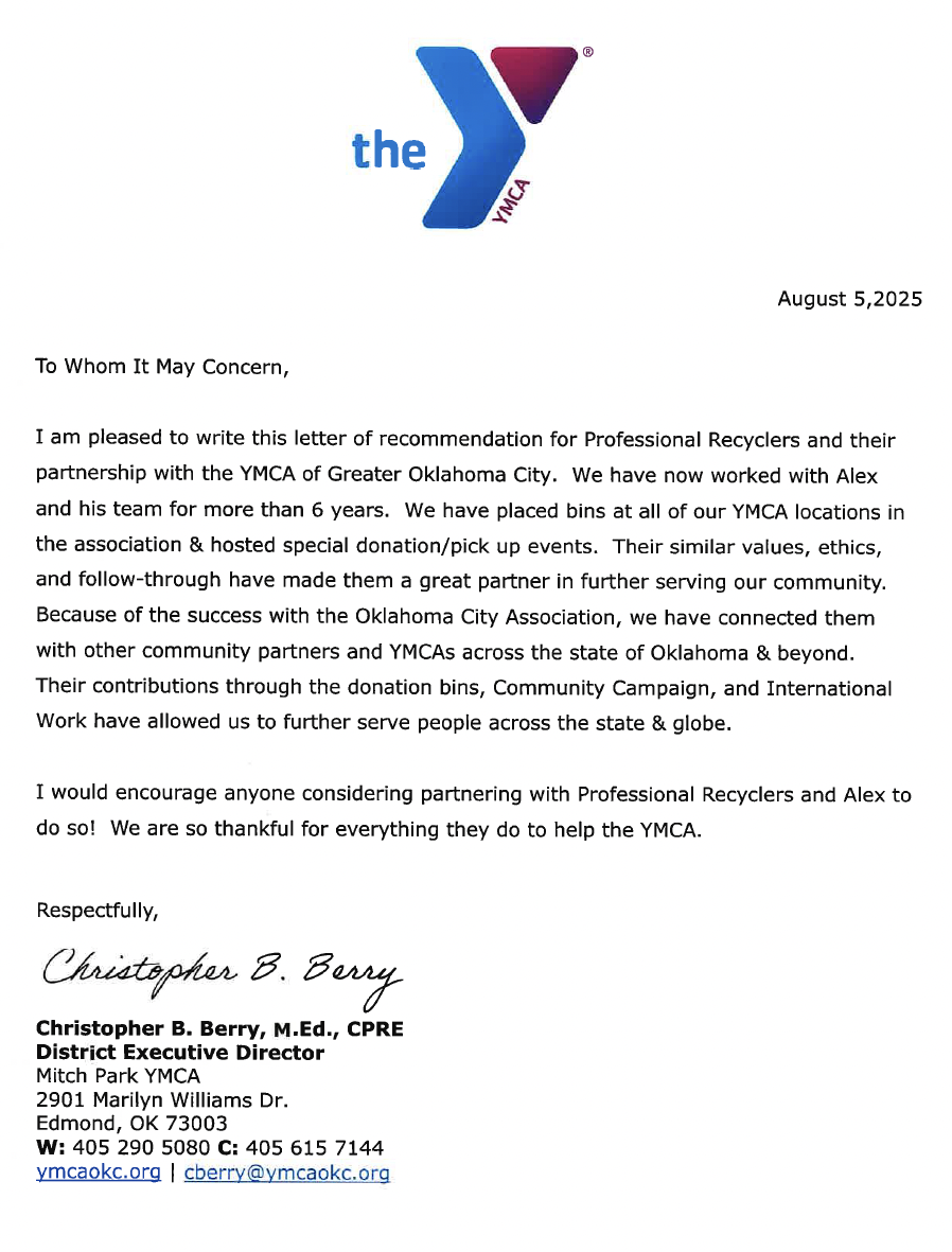 Letter on YMCA letterhead dated August 5, 2025, recommending Professional Recyclers for their partnership with the YMCA of Greater Oklahoma City, signed by Christopher B. Berry.