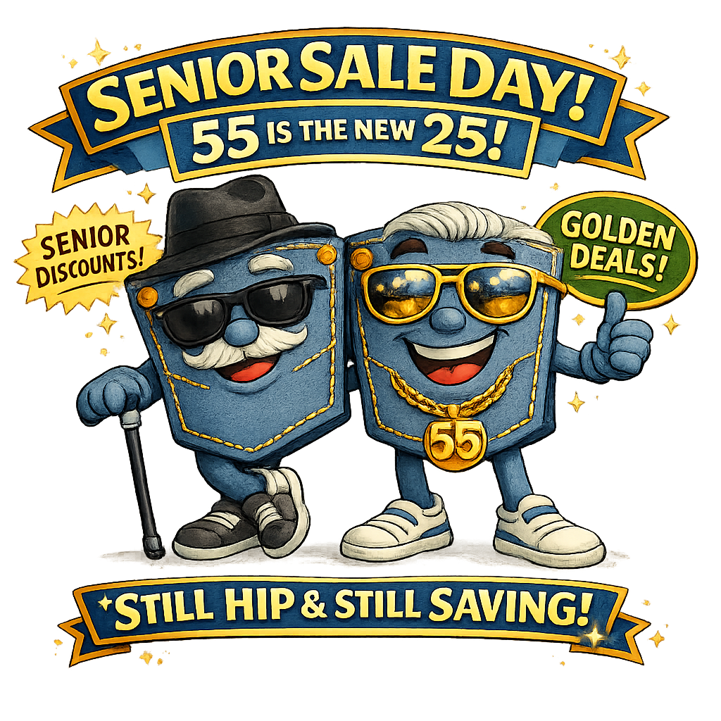 Invitation for senior sale day featuring two cartoon wallets dressed as seniors with sunglasses, one with a cane, the other with jewelry. The banner states, 'Senior Sale Day! 55 is the New 25!' It highlights senior discounts and golden deals, with a caption, 'Still Hip & Still Saving!'