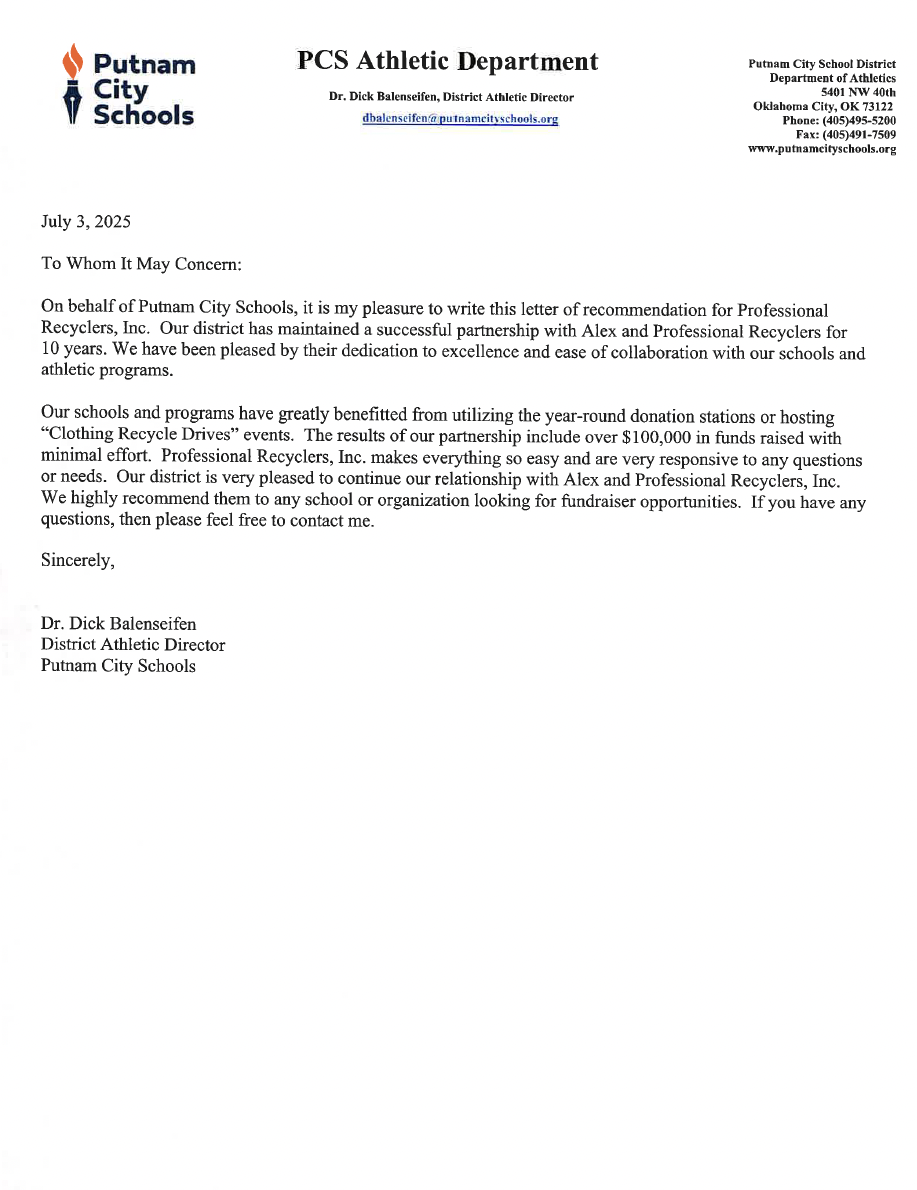 Letter from Putnam City Schools Athletic Department recommending Professional Recyclers, Inc. for recycling services, dated July 3, 2025, signed by Dr. Dick Balenseifen.