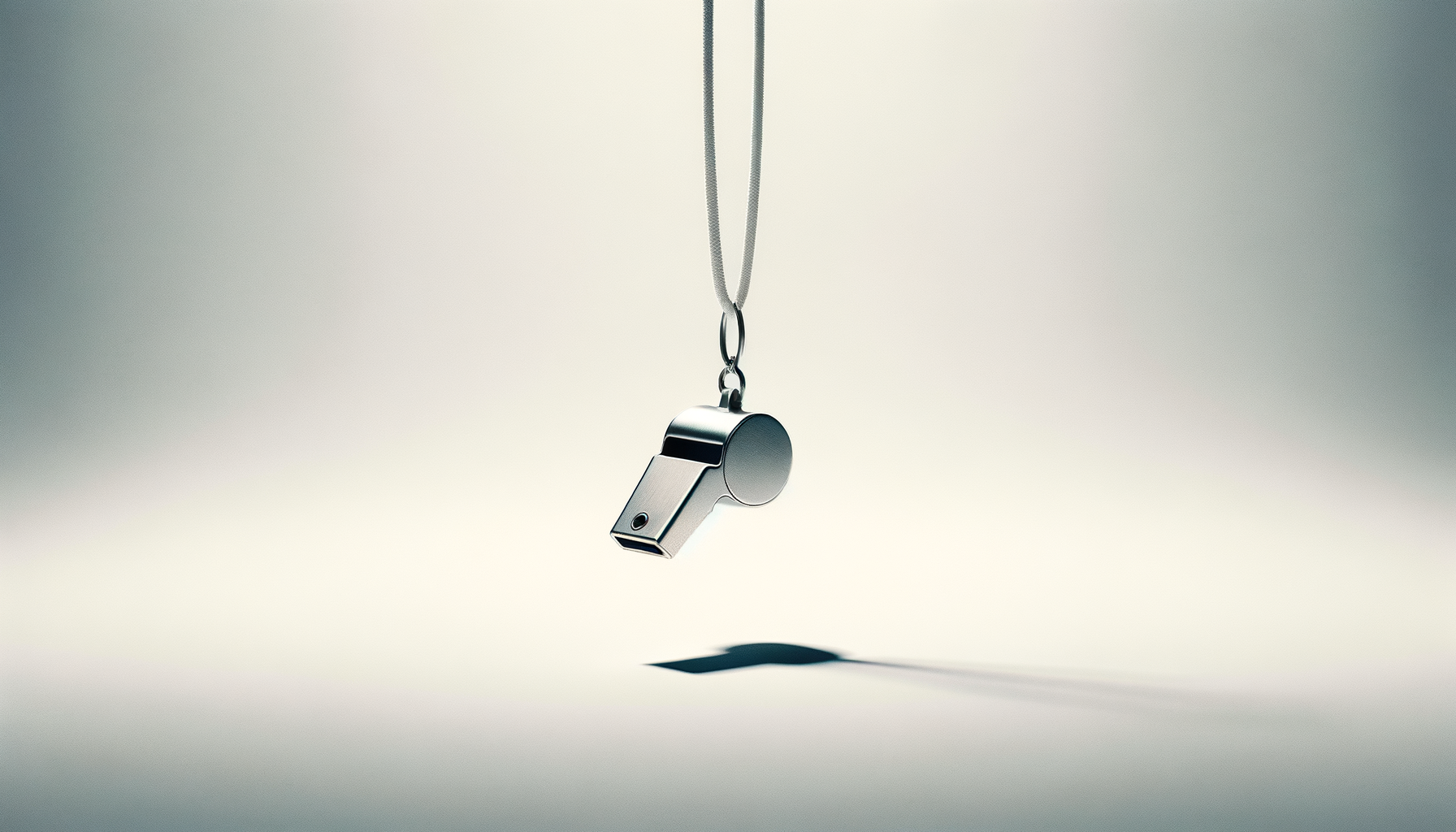 A metallic USB flash drive with a whistle casing, hanging from a string, casting a shadow on a plain background.