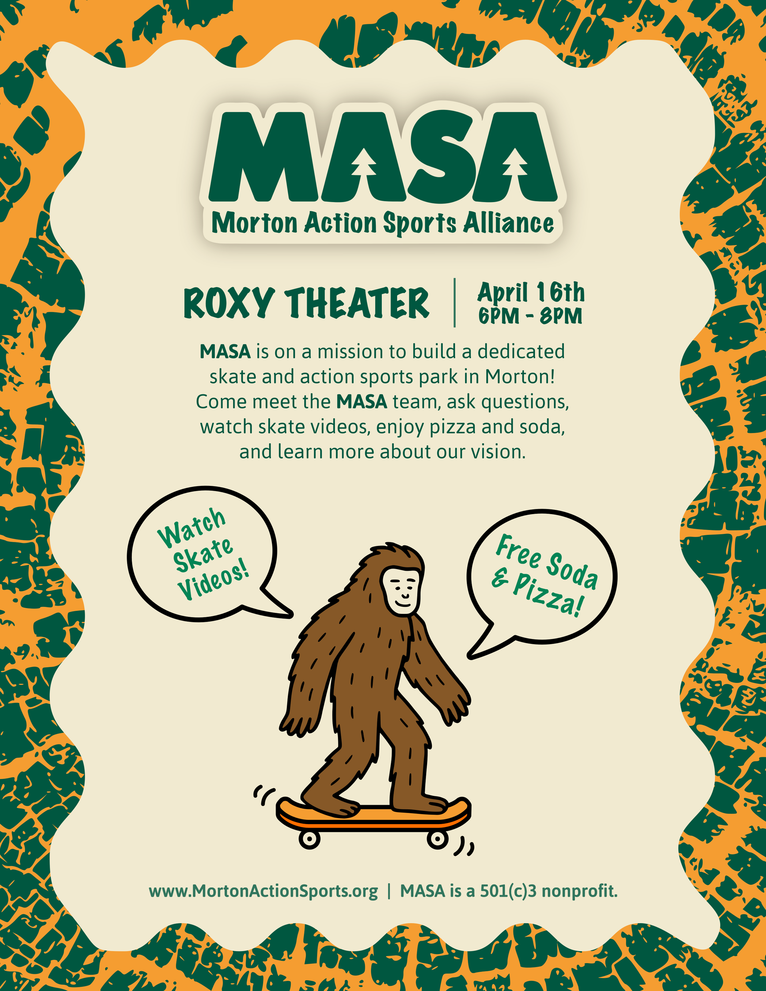 MASA is on a mission to build a dedicated skate and action sports park in Morton! Come meet the MASA team, ask questions, watch skate videos, enjoy pizza and soda, and learn more about our vision.