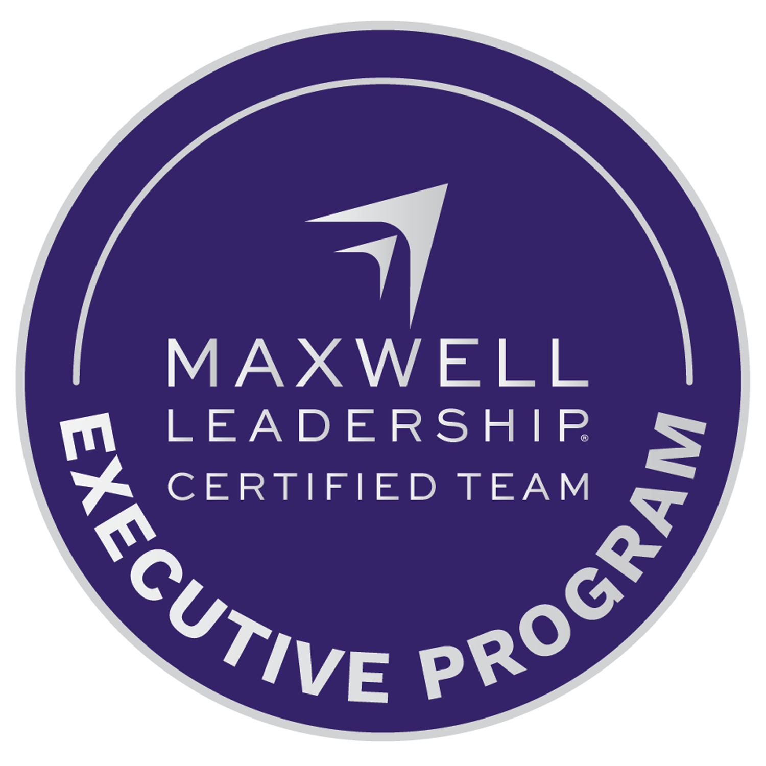 Maxwell Leadership Certified Team badge with a navy blue background, silver border, and silver text, including a compass-like logo at the top.