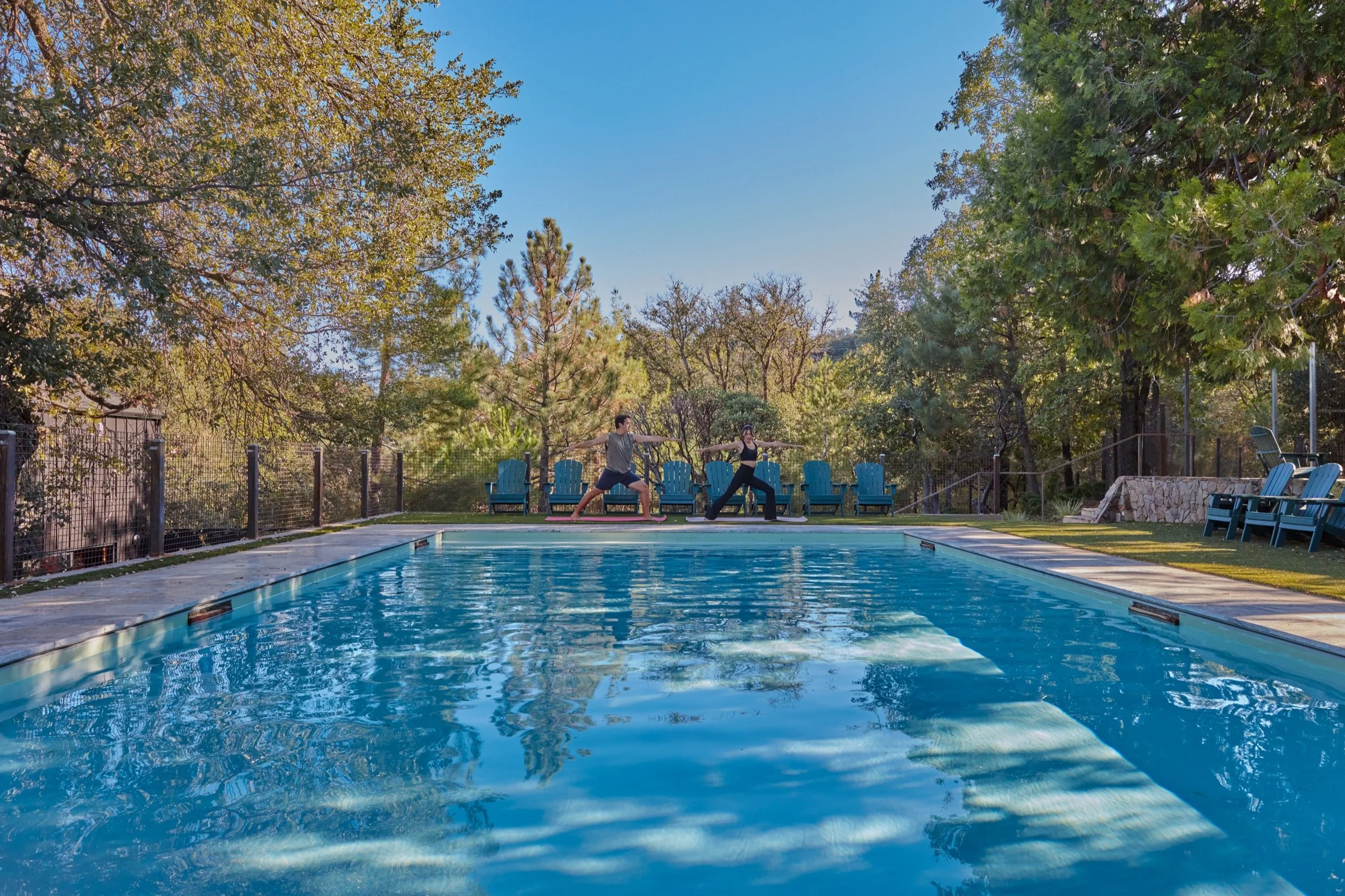 The resort-style pool framed by trees, with lounge chairs along the far edge.