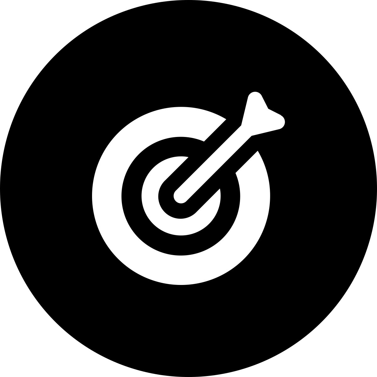 Black background with white target icon and arrow hitting the bullseye.