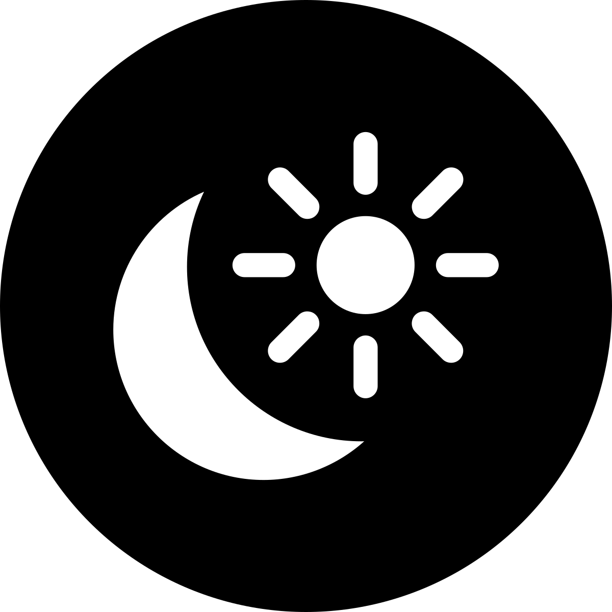 Icon of a moon and sun with a black background, representing night and day.