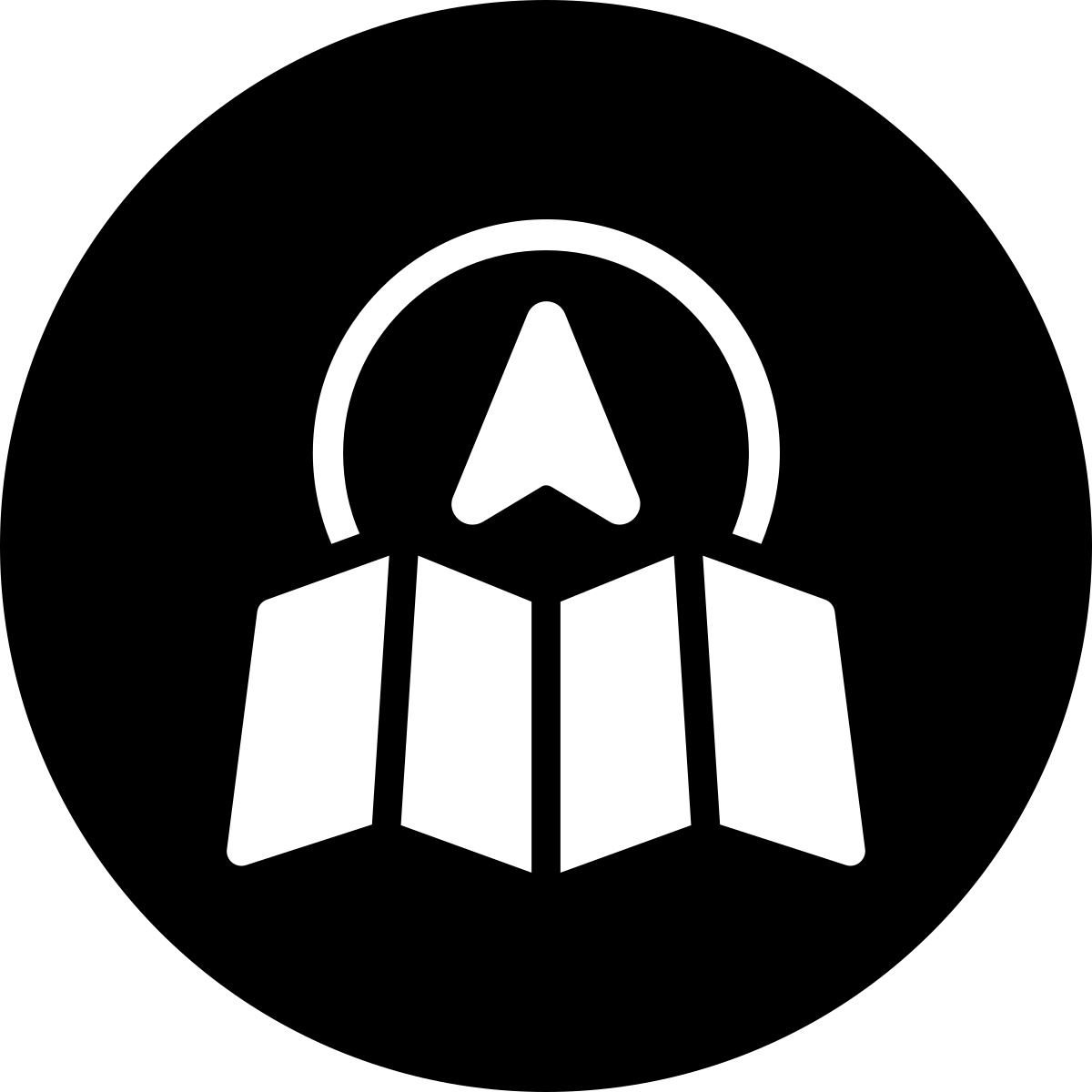 Navigation arrow icon over a folded map, symbolizing travel or navigation.