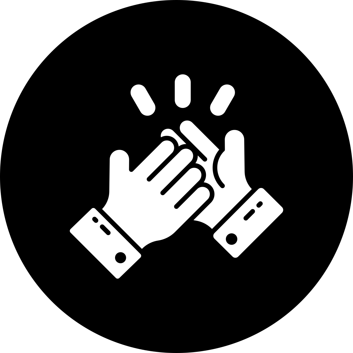 Black and white icon of two hands high-fiving each other.