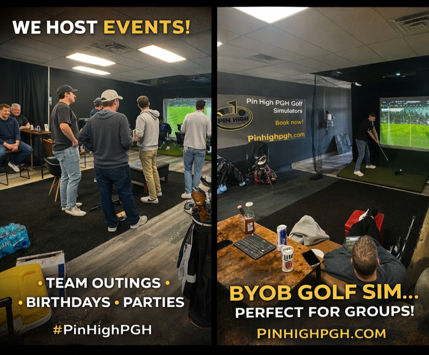 An indoor golf simulation center with groups of people playing and socializing. Left side shows people standing and talking, right side features a person putting on a golf simulator screen. The text promotes hosting events, team outings, birthdays, parties, and groups for BYOB golf simulation at Pin High PGH.