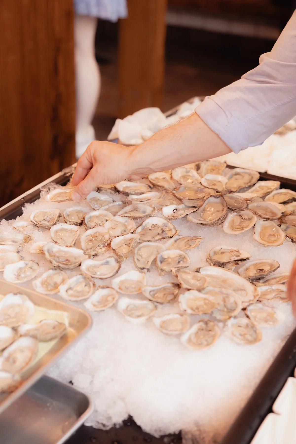 Person shucking oysters on a bed of ice at a seafood market or restaurant.