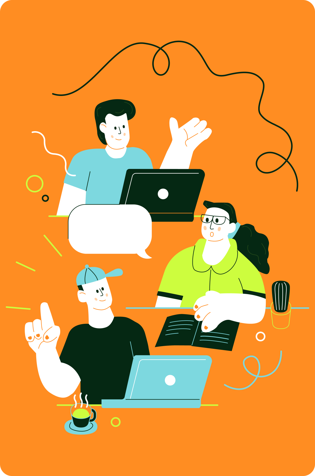 Two women having a conversation at a table near a window in a modern office.