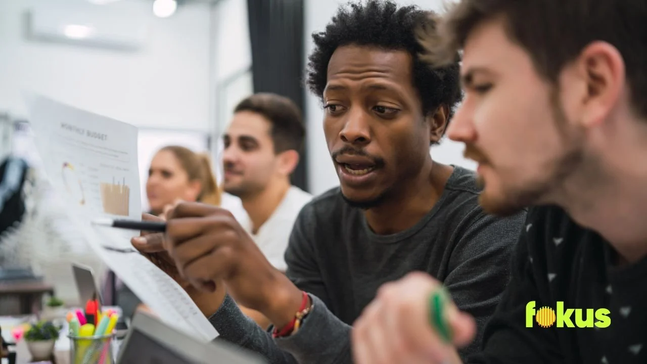 A diverse group of people collaborating on a project focused on design for objectives, practice, and transfer.