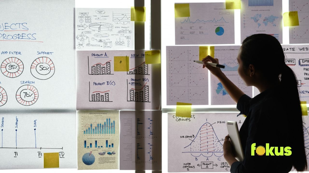 A woman writes on a whiteboard, surrounded by sticky notes, focusing on barriers to performance and training preferences.
