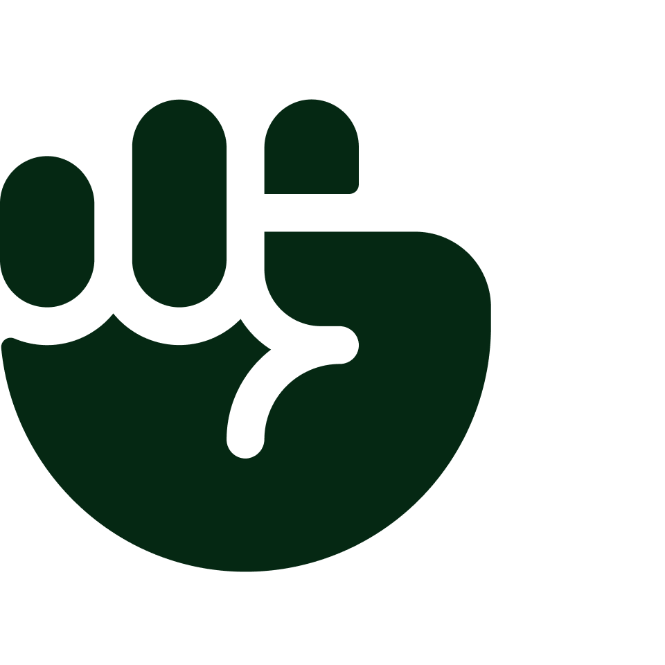 A dark green clenched fist with a thumb pointing upward, stylized and minimalist in design.