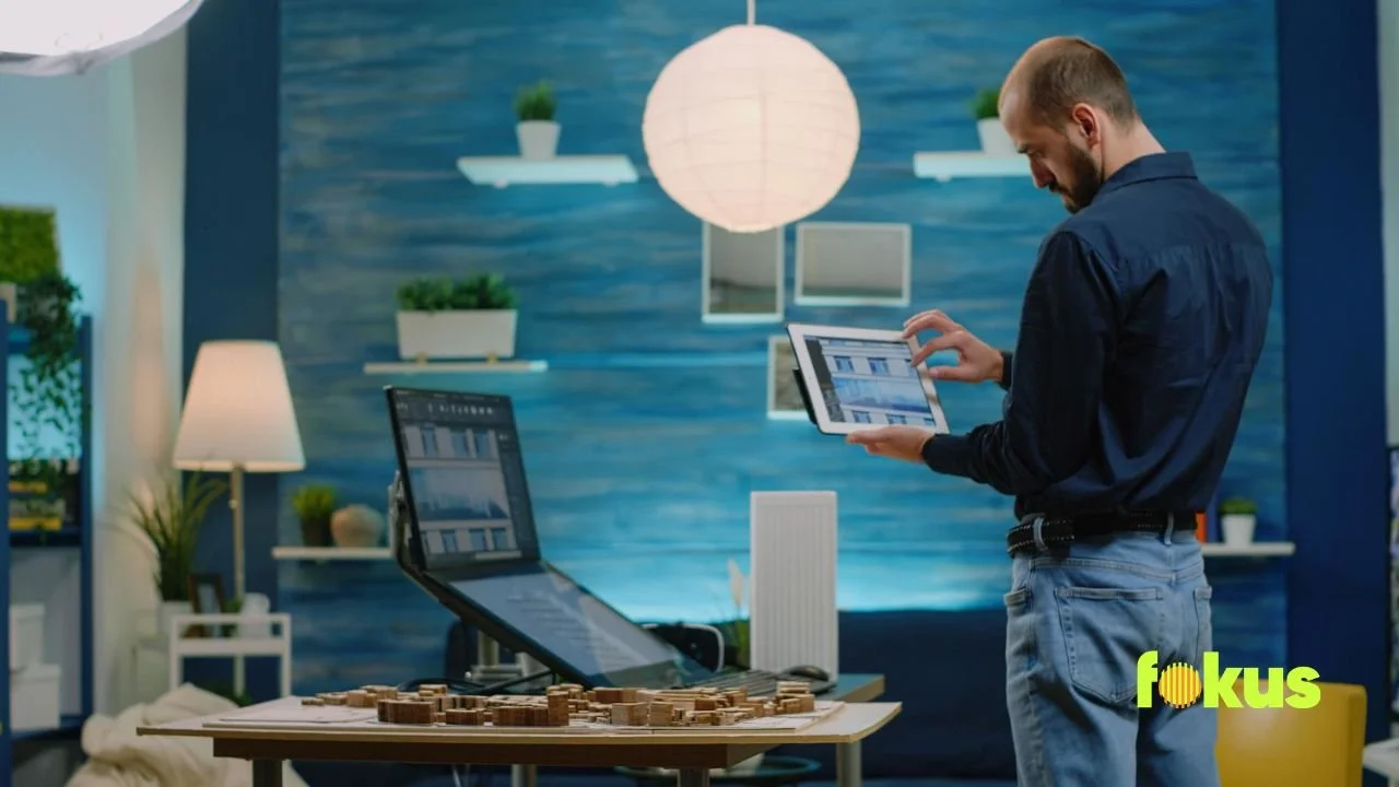 A man stands by a table with a laptop, discussing tools for blended learning systems.