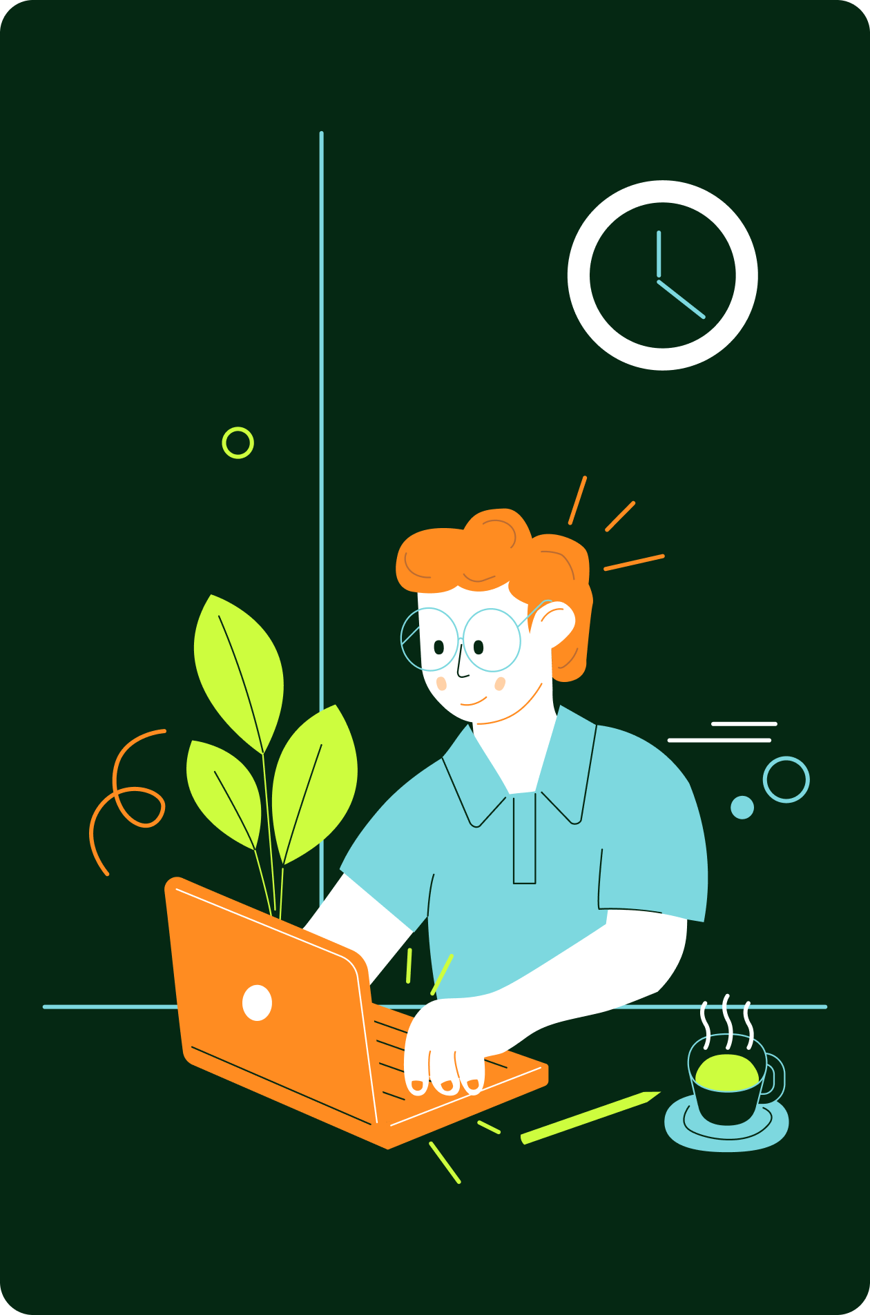 A man with dark hair and a beard wearing a red, black, and white plaid shirt working on a silver laptop at a wooden table in a modern, cozy workspace with a natural wood accent wall, a large window, a wall clock, and a fedora hat hanging on the wall.