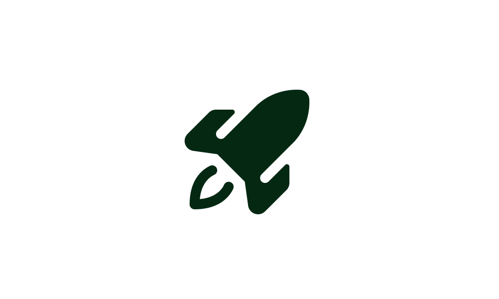 Icon of a rocket ship in dark green on a white background.