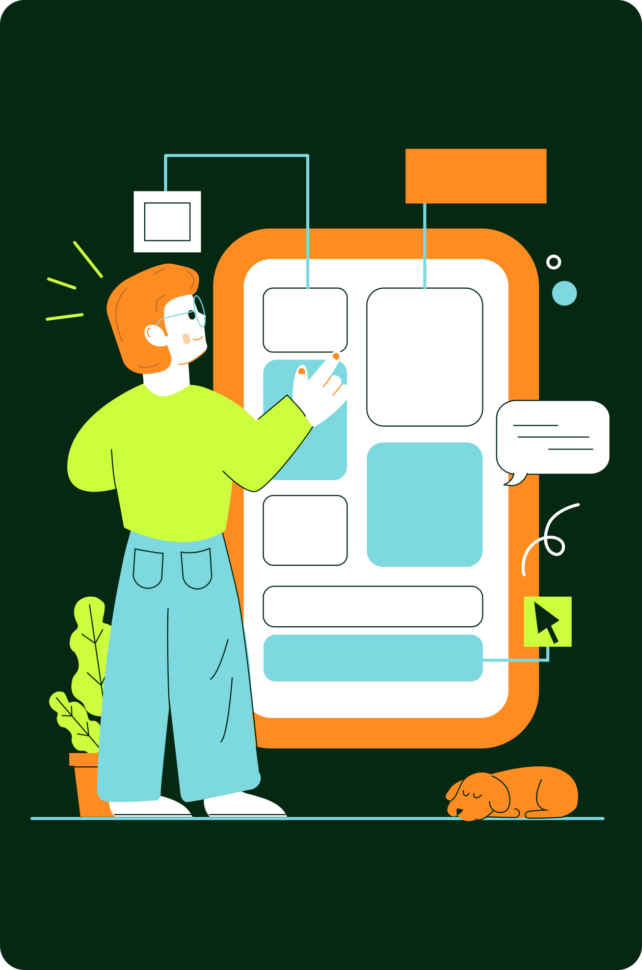 Man with glasses and black shirt pointing at a digital presentation on a large screen, showing a design layout for a modern living room.