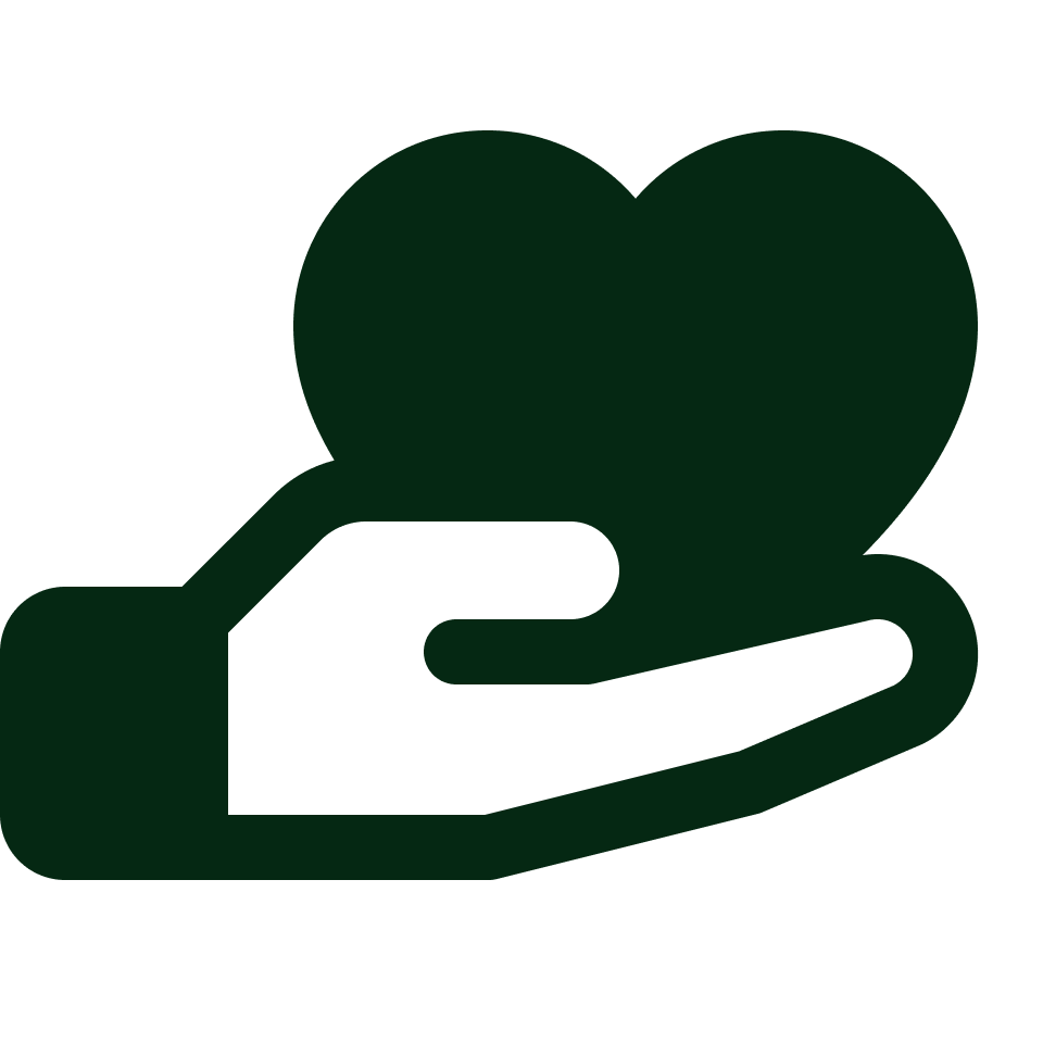 A dark green icon of a hand holding a heart.