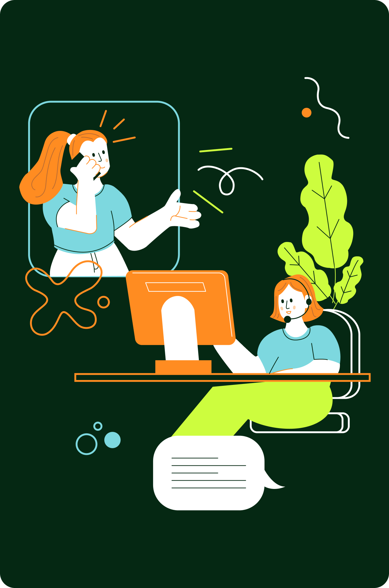 Group of customer service representatives wearing headsets and working on computers in an office.