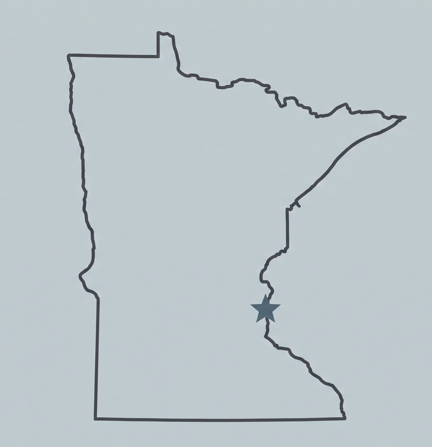 Outline map of the state of Minnesota with a star indicating a location in Washington County.
