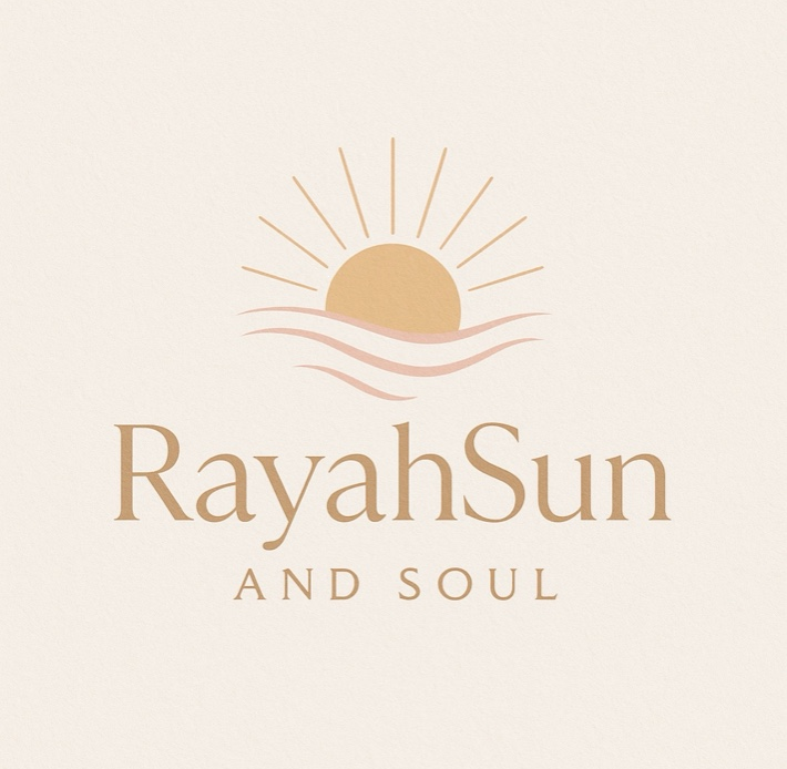Logo with a stylized sun above water waves, text reads 'RayahSun AND SOUL' in beige and pink colors.