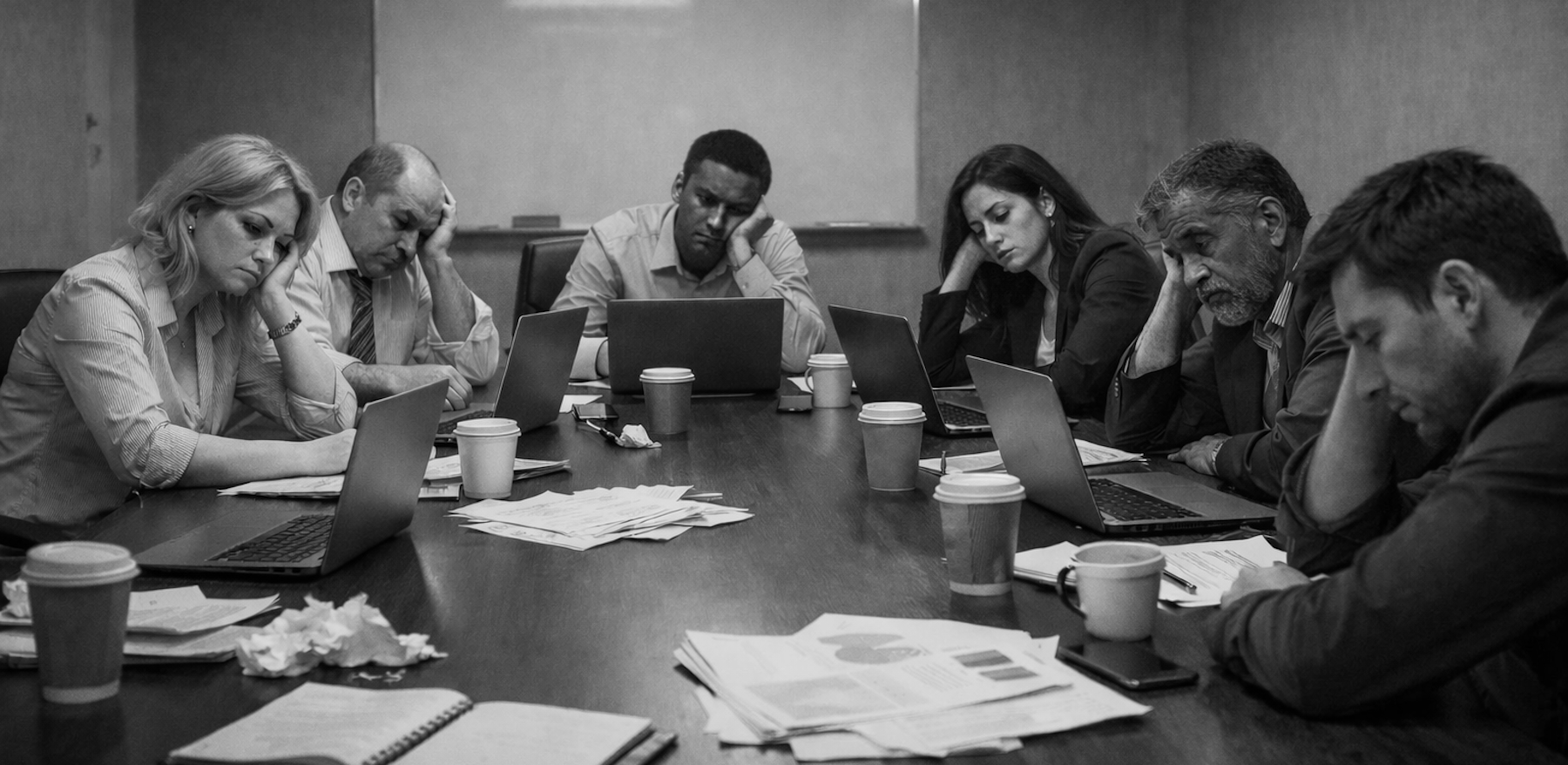 A black-and-white photo of a group of eight adults sitting around a cluttered table in a meeting room, all appearing tired or stressed, with their heads resting on their hands or arms, and some looking down at the table or their laptops.
