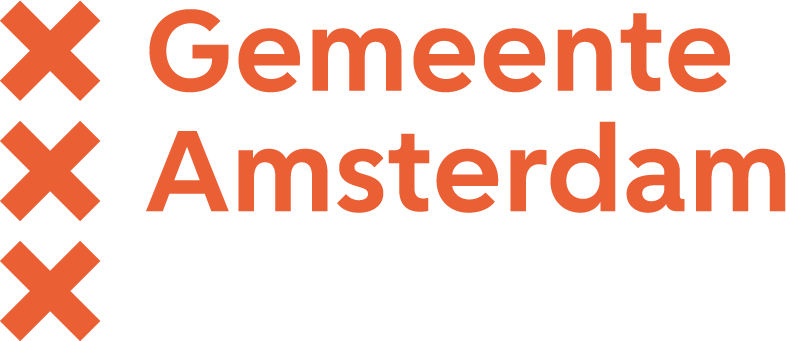 Logo for the Municipality of Amsterdam featuring three orange Xs and the words "Gemente Amsterdam" in bold orange font.
