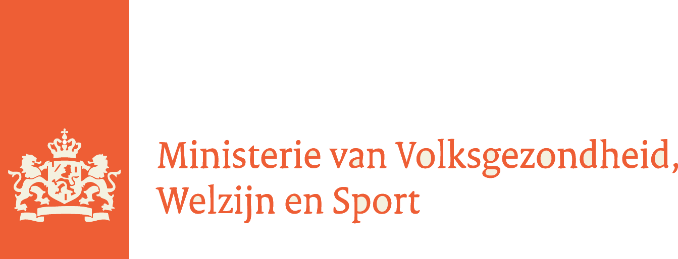 Logo of the Dutch Ministry of Public Health, Welfare, and Sport, with a crown and lion emblem on an orange background, accompanied by the text 'Ministerie van Volksgezondheid, Welzijn en Sport'.