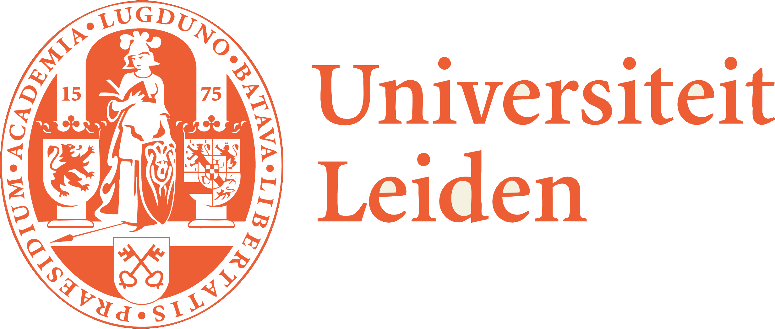 Logo of Leiden University, featuring a shield with various symbols and a central figure, accompanied by the text "Universiteit Leiden" in orange and black.