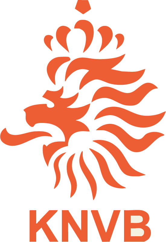 Stylized orange lion's head with flowing mane above the acronym 'KNVB' in orange and beige letters.